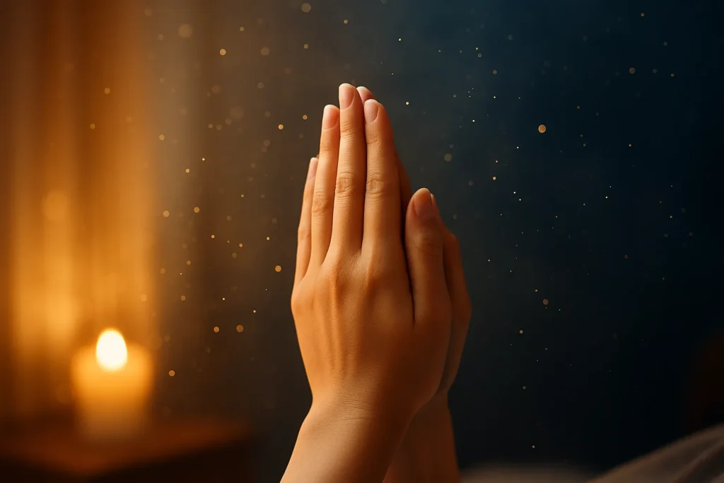 Mãos em oração sob luz suave com partículas brilhantes ao fundo, representando a força espiritual dos salmos