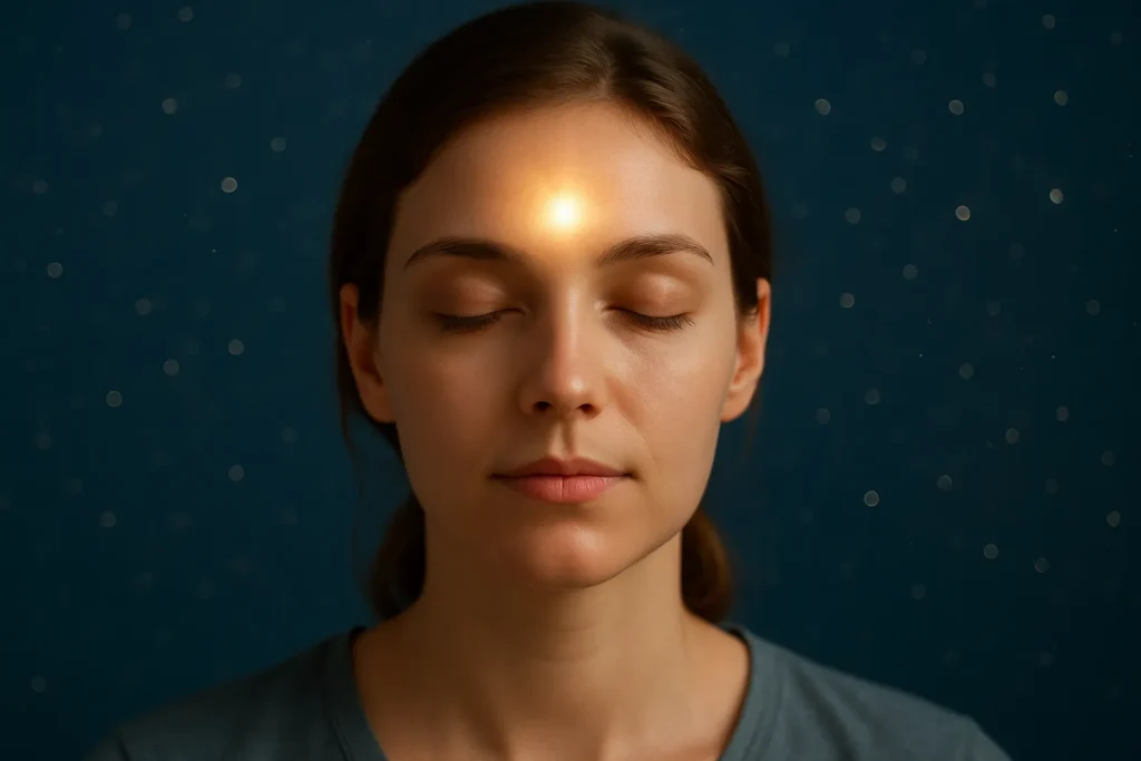 Mulher de olhos fechados com brilho dourado no terceiro olho, simbolizando conexão espiritual e intuição pisciana