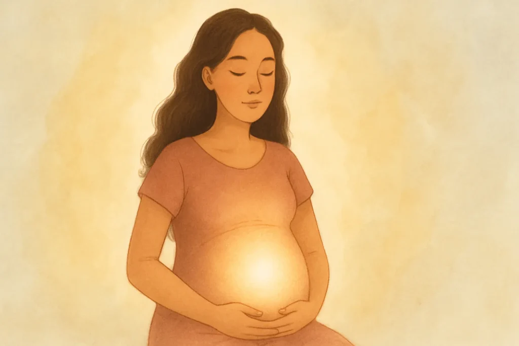 Ilustração suave de mulher grávida com olhos fechados, envolvida por luz espiritual ao redor do ventre, simbolizando transformação interior