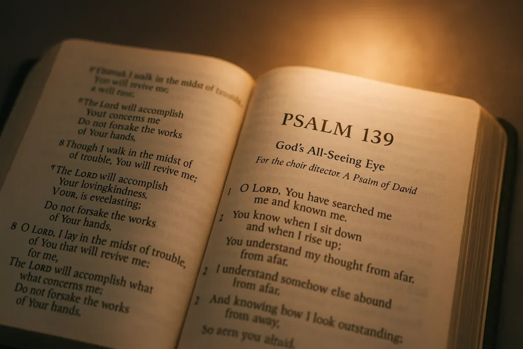 uma Bíblia aberta na página do Salmo 139, iluminada por uma luz dourada suave, simbolizando introspecção, fé e conexão com o divino.