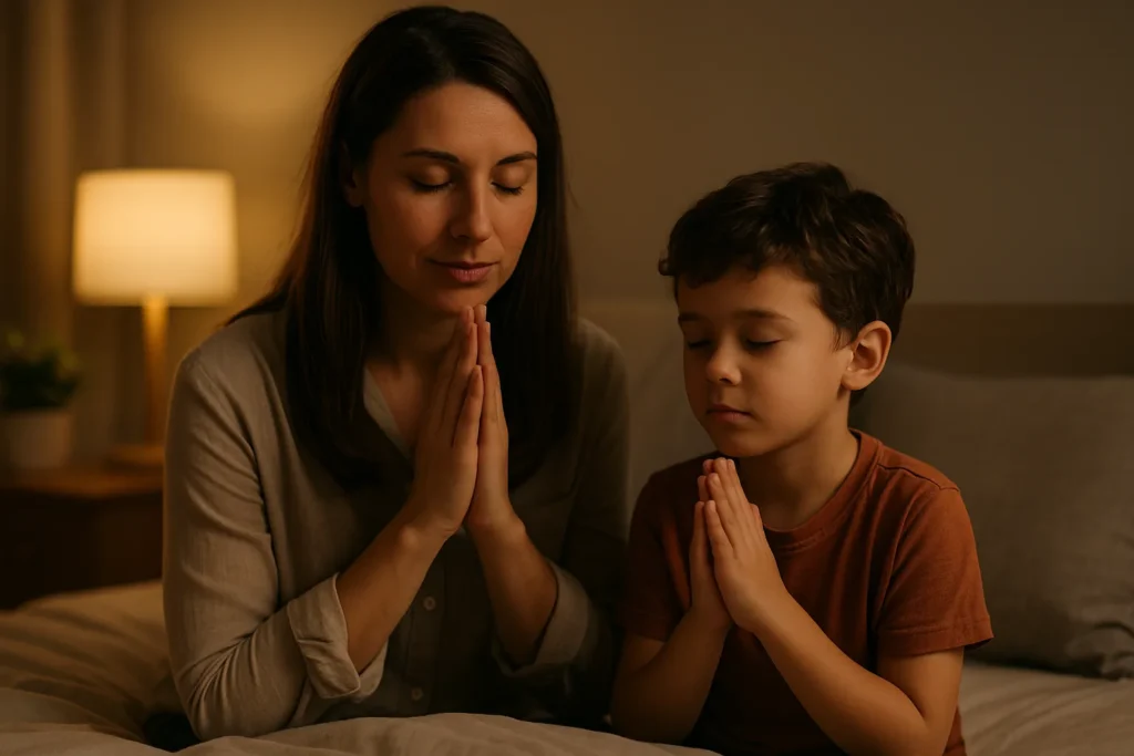 Criança orando com a mãe antes de dormir, em um momento calmo e afetuoso