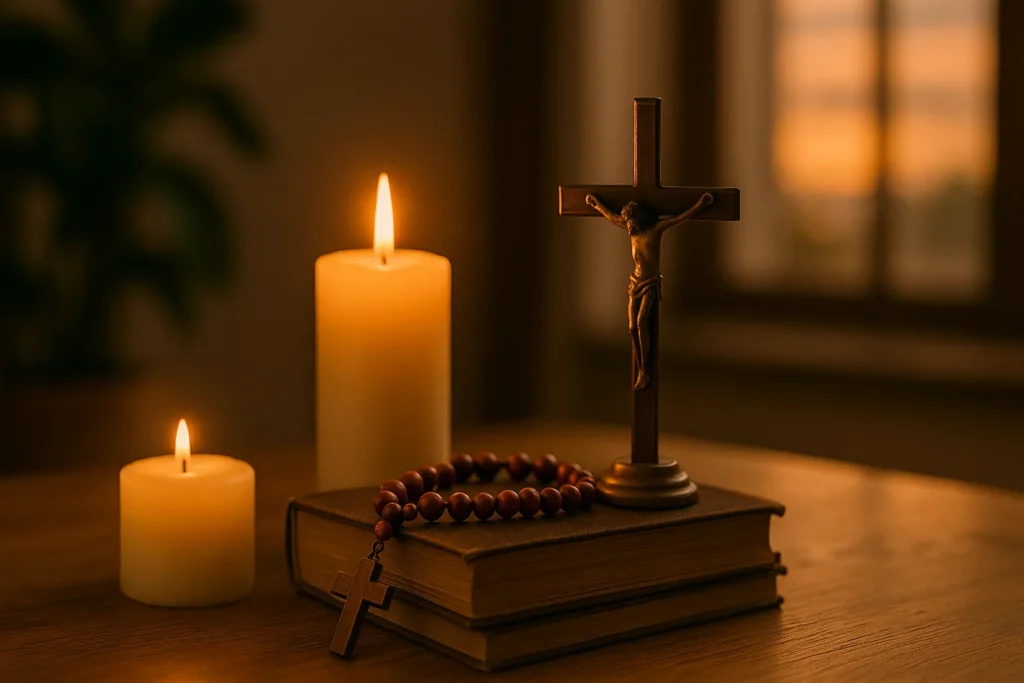 Crucifixo, terço e velas acesas sobre livros antigos em um ambiente suave ao pôr do sol, representando a preparação espiritual para orar com presença.