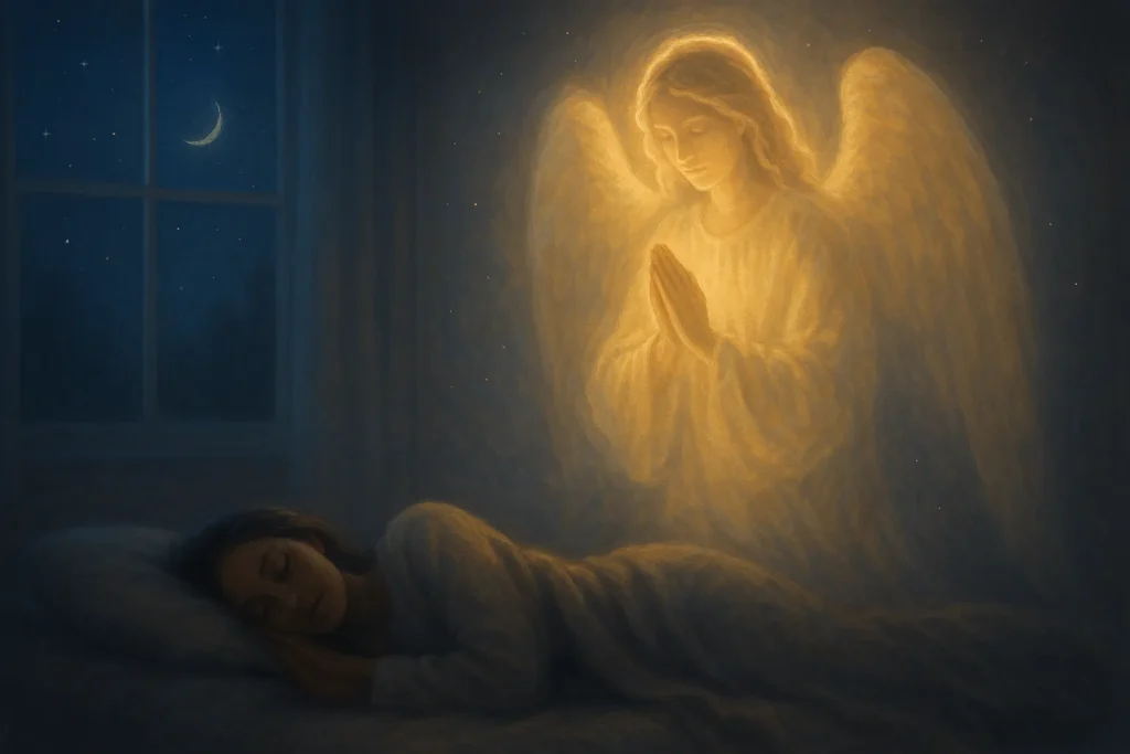 Anjo de luz protegendo uma mulher adormecida, com o quarto iluminado pela lua e atmosfera de serenidade espiritual