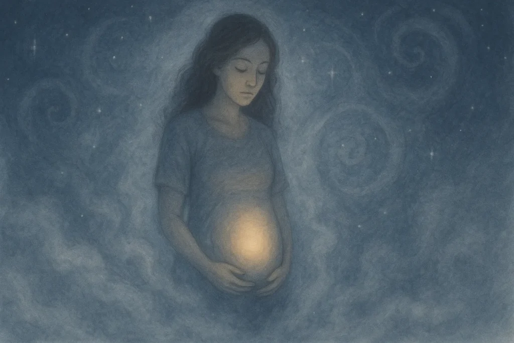 Mulher envolta em névoa e estrelas, com luz suave irradiando do ventre, representando conexão espiritual e mistério do renascimento
