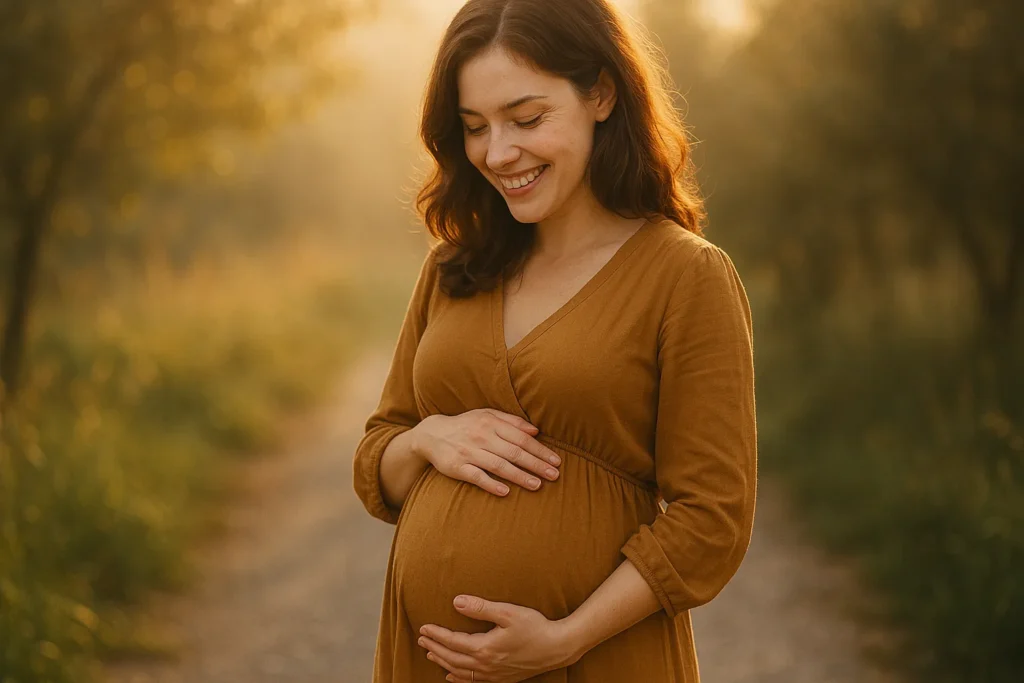 Mulher grávida sorrindo com as mãos sobre a barriga, iluminada por uma luz suave, representando o cuidado divino desde o ventre.