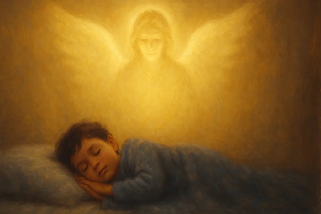 Representação espiritual da oração do anjo da guarda dos filhos durante o sono tranquilo