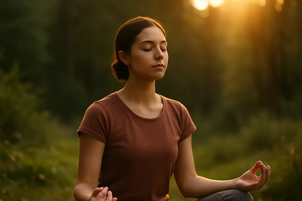 Mulher sentada em posição de meditação, com os olhos fechados, cercada por natureza e banhada por uma luz dourada suave, em um momento de conexão interior e presença espiritual ao anoitecer.