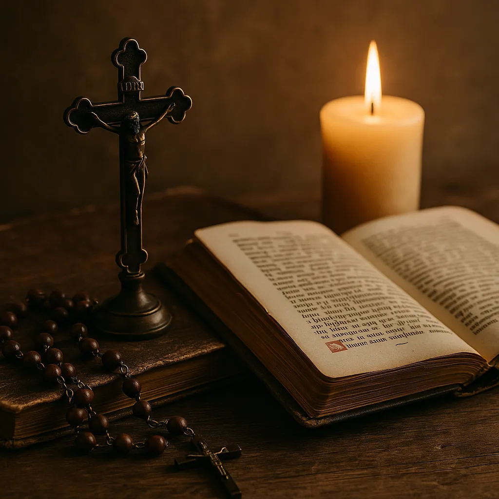 Crucifixo escuro, terço de madeira e livro antigo aberto ao lado de uma vela acesa sobre mesa rústica, representando a tradição ancestral da oração.