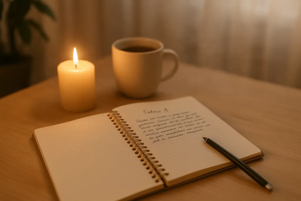 Caderno com o Salmo 4 escrito à mão ao lado de uma vela acesa e xícara de chá, representando um momento de conexão espiritual antes de dormir