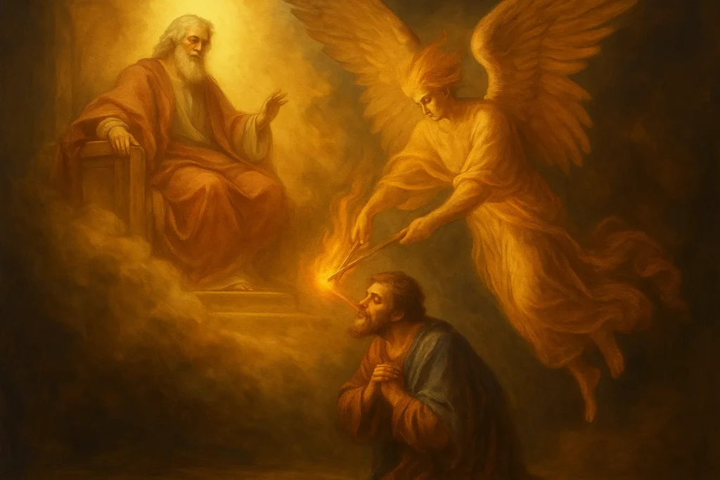 Serafim purificando Isaías com brasa sagrada diante do trono de Deus
