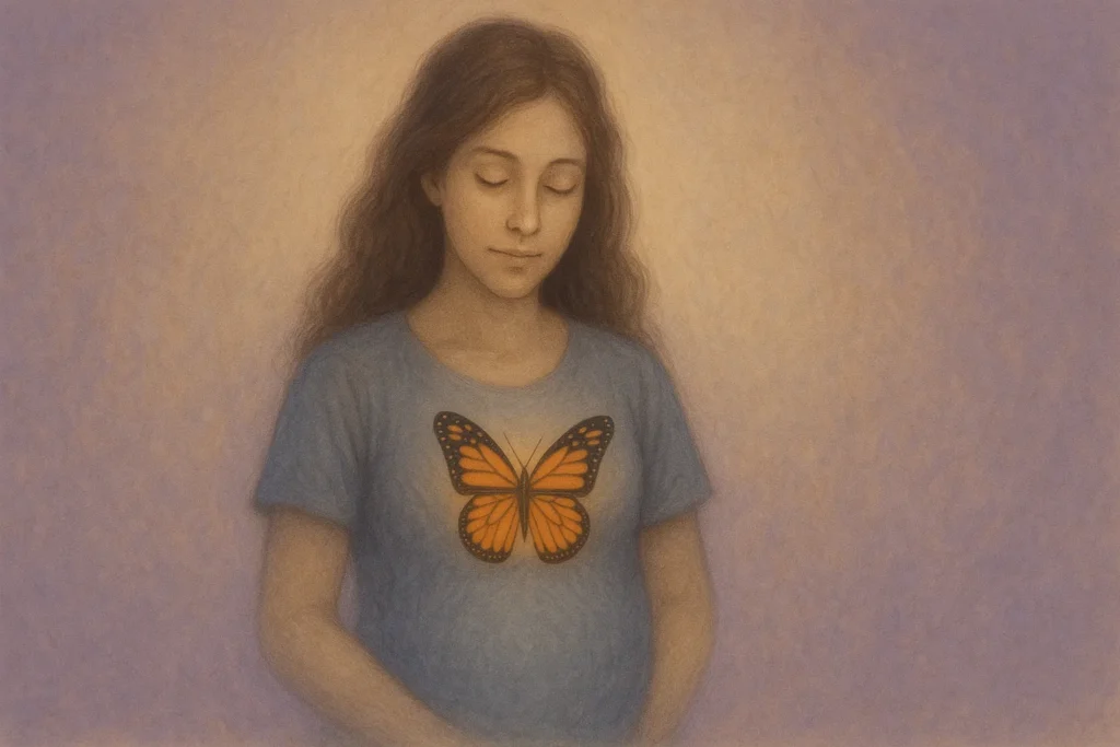 Mulher de olhos fechados com borboleta pousada no peito, envolta por luz suave em fundo lavanda e dourado, representando cura e transformação interior