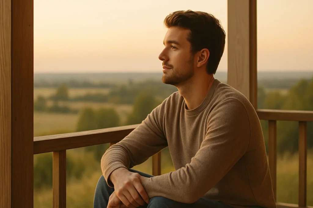 Homem sentado na varanda ao entardecer, olhando para o horizonte com expressão serena, simbolizando paz interior e confiança no divino.