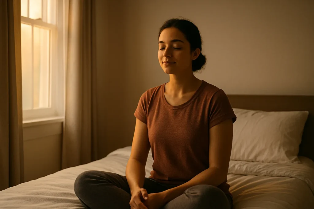 Mulher sentada em posição relaxada na cama, com os olhos fechados e expressão serena, iluminada pela luz suave que entra pela janela, em um momento de gratidão e entrega espiritual ao final da semana.