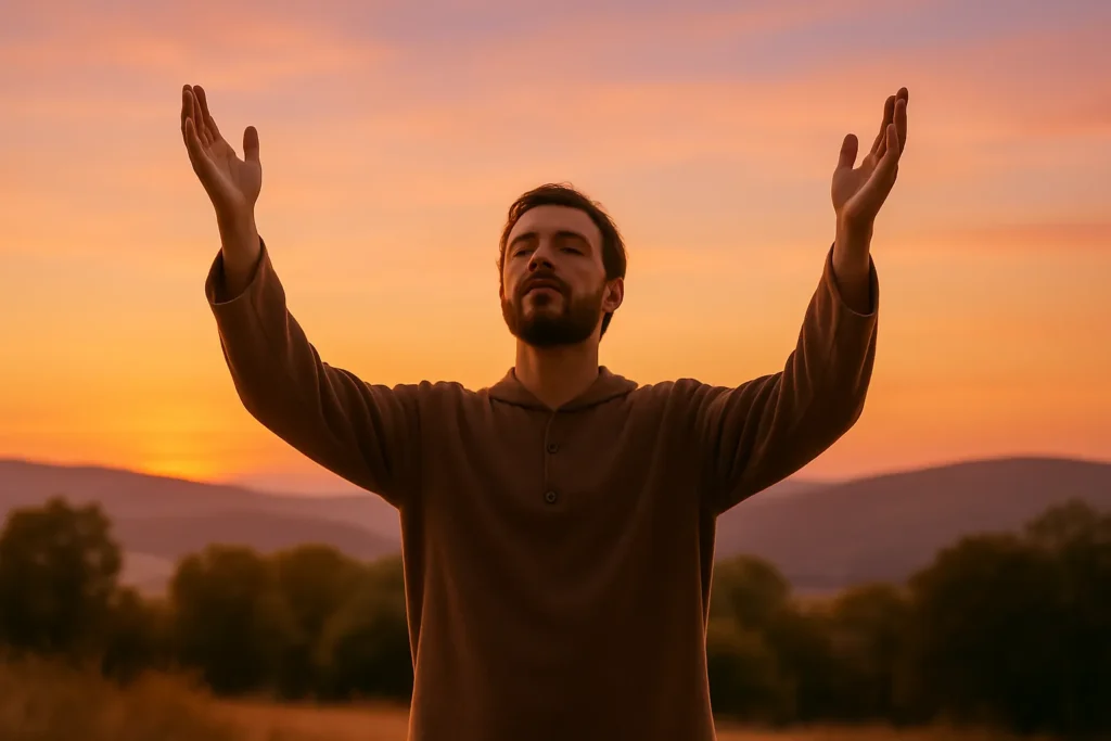 Homem de braços erguidos em oração ao ar livre durante o pôr do sol, expressando entrega, fé e louvor em meio à natureza e luz dourada.