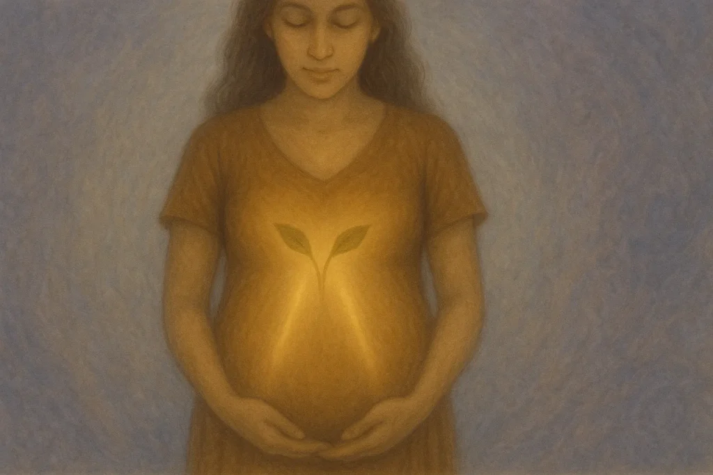 Mulher serena com dois feixes de luz dourada e brotos nascendo do ventre, representando nascimento duplo e espiritualidade em harmonia