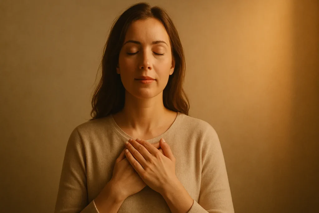Mulher de olhos fechados com mãos sobre o coração, iluminada por luz suave, em um momento de oração e conexão espiritual.