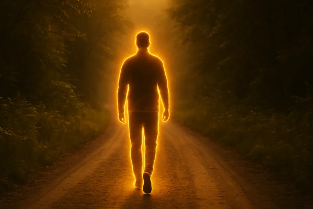 Pessoa envolta por uma aura dourada caminhando por uma estrada entre árvores, simbolizando proteção espiritual e firmeza na jornada da alma.