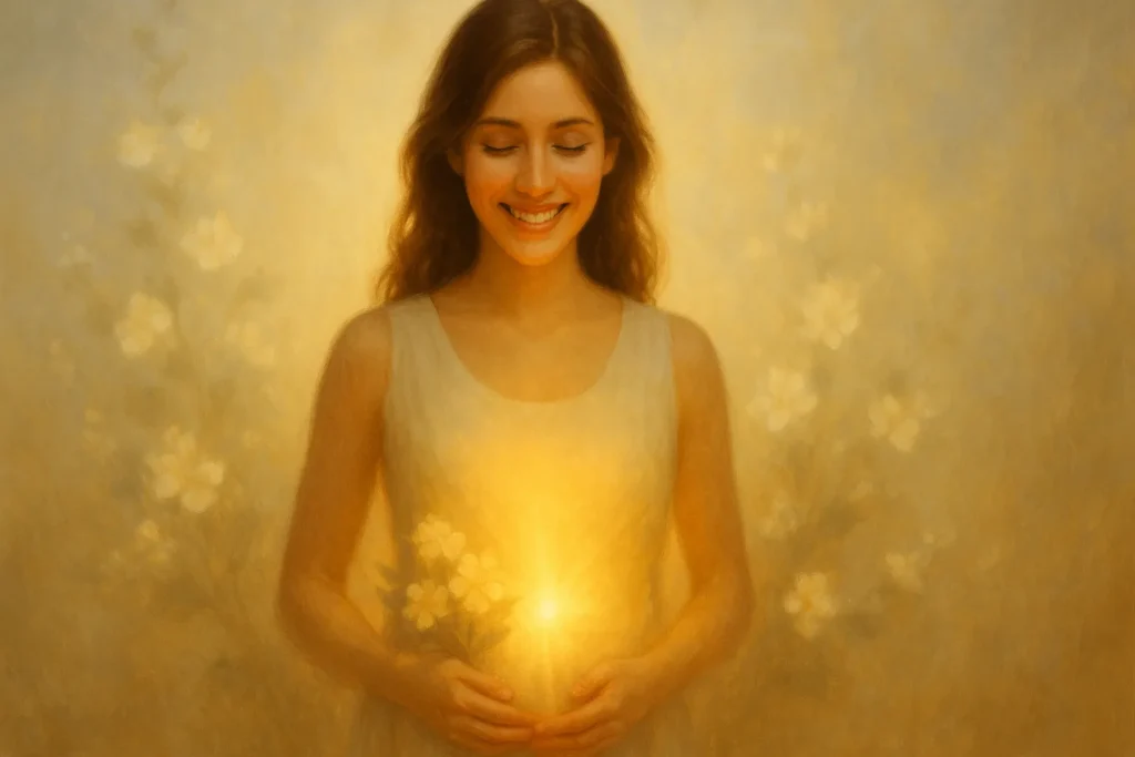Mulher sorrindo com luz dourada irradiando do ventre e flores nas mãos, simbolizando bênçãos espirituais, fertilidade e alegria interior