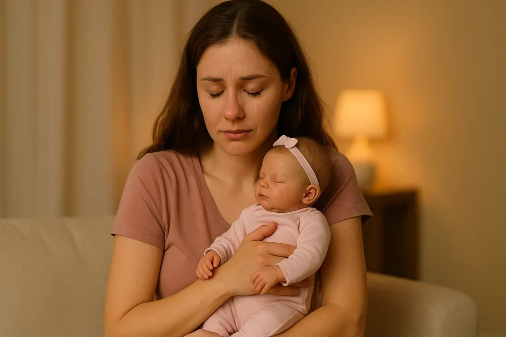 Mulher com expressão emocionada e lágrimas nos olhos segurando um bebê reborn no colo, em ambiente acolhedor e iluminado suavemente, representando a conexão espiritual e a cura da alma através do vínculo com o boneco.