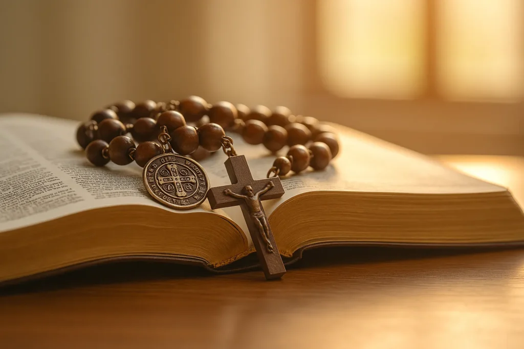  Terço de São Bento com medalha e crucifixo repousando sobre uma Bíblia aberta, iluminado pela luz do sol entrando pela janela