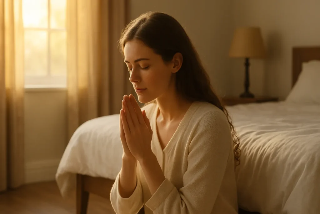 Jovem ajoelhada ao lado da cama com mãos postas em oração, em ambiente iluminado pela luz suave do nascer do sol, transmitindo paz e espiritualidade.