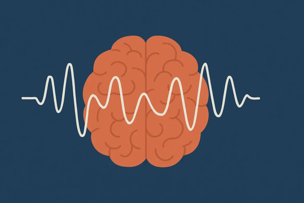 Arte digital de um cérebro em tom coral com ondas brancas representando frequências cerebrais, sobre fundo azul escuro — simbolizando melhora na qualidade do sono e relaxamento profundo.