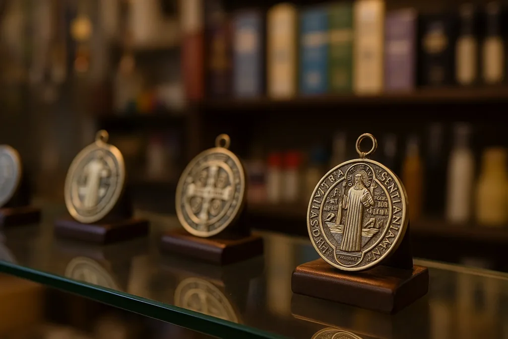 Medalhas de São Bento sobre suportes de madeira em uma loja espiritual, com iluminação suave e fundo desfocado de estantes e objetos religiosos