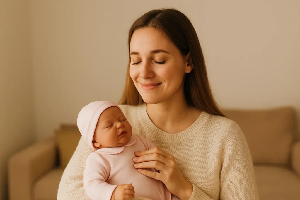 Mulher com expressão serena e olhos fechados segurando um bebê reborn no colo, em ambiente calmo e aconchegante, representando paz interior e vínculo espiritual profundo.