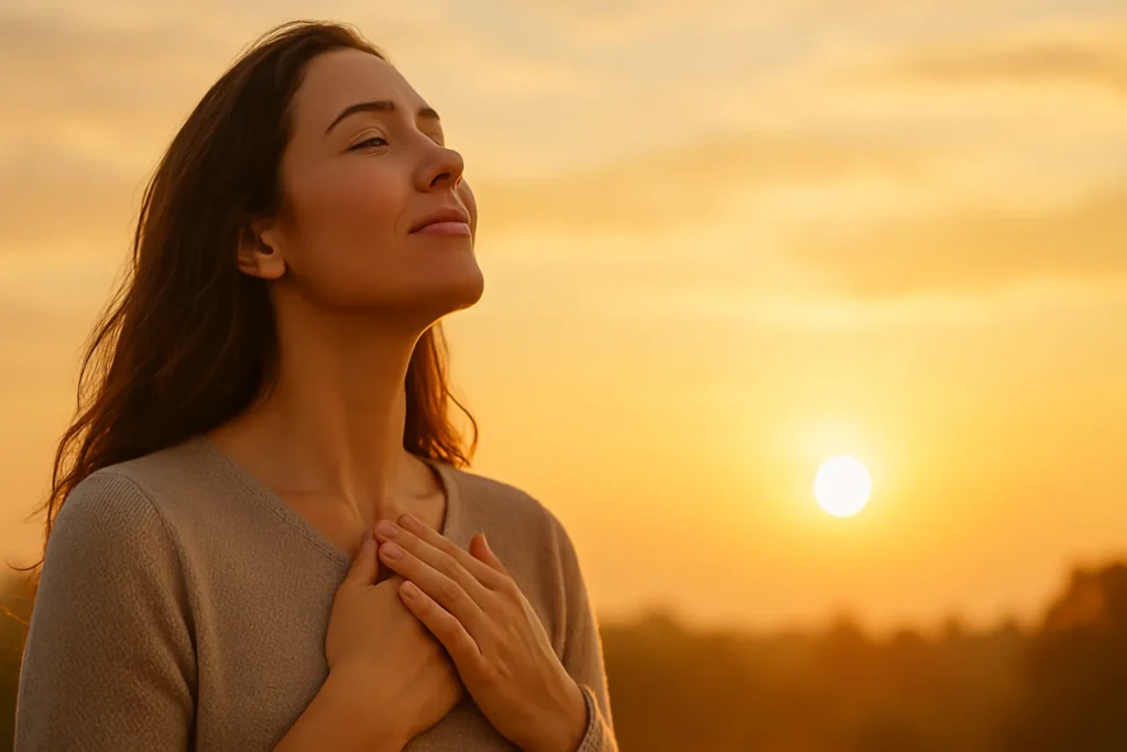 Mulher em momento de oração e fé, com mãos sobre o coração, olhando para o céu durante o nascer do sol, transmitindo espiritualidade e gratidão.