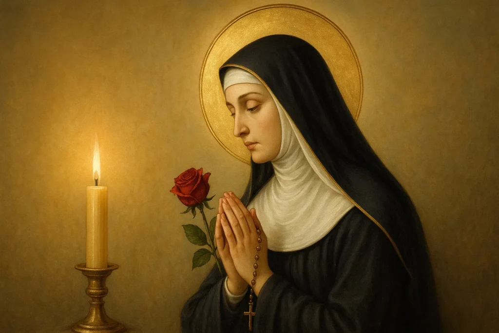 Santa Rita de Cássia em oração, segurando uma rosa, com uma vela acesa em castiçal dourado metálico ao lado, cercada por luz espiritual suave