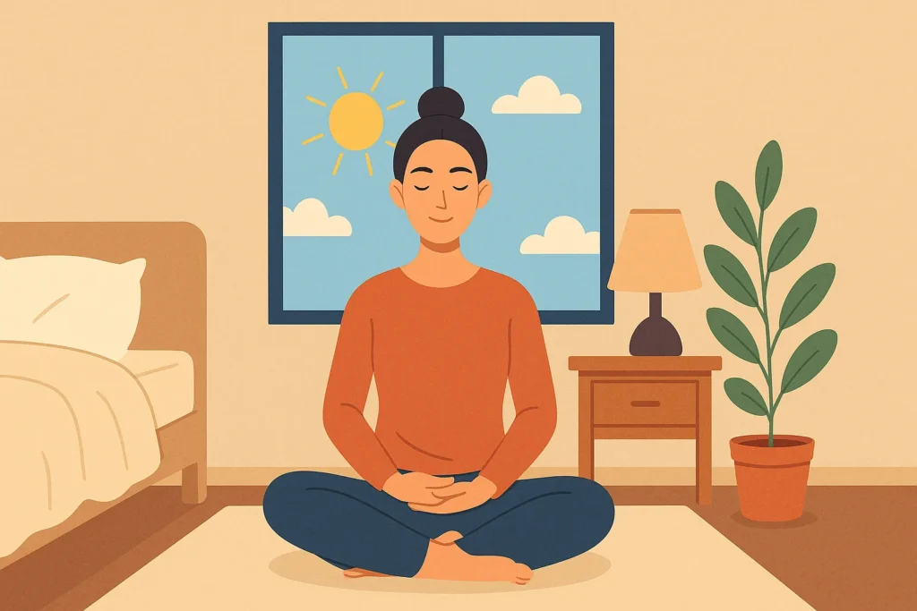 Ilustração de uma mulher meditando sentada no chão do quarto, com a luz suave da manhã entrando pela janela, ao lado de uma cama, uma planta e um abajur — representando um momento de mindfulness matinal.