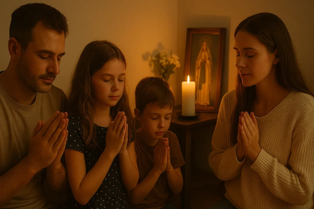 Família reunida em um cantinho de oração, com vela acesa e imagem de Nossa Senhora ao fundo, representando fé e união espiritual no lar.