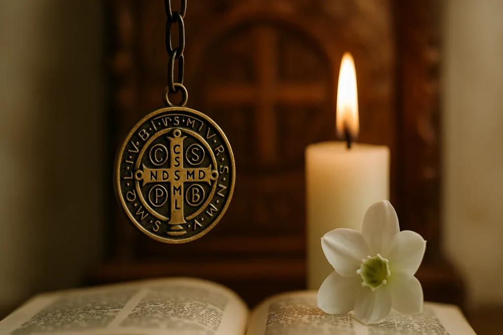 Close na medalha de São Bento pendurada em um altar, com vela acesa ao fundo e flor branca sobre a Bíblia aberta em ambiente sereno e espiritual