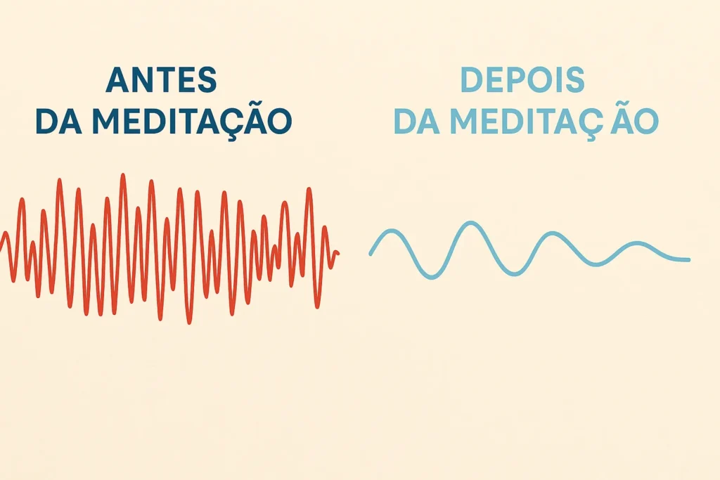 Gráfico comparativo mostrando ondas cerebrais agitadas antes da meditação e ondas suaves depois da prática, com rótulos em português sobre fundo claro.
