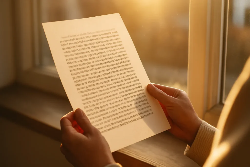 Mãos segurando um papel com oração impressa ao lado de uma janela, iluminadas pela luz suave do sol, representando conexão espiritual e paz interior.