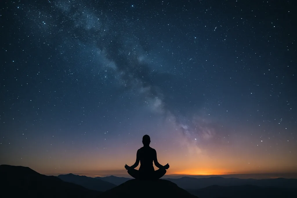 Silhueta de uma pessoa meditando no topo de uma montanha, de frente para o horizonte com céu estrelado e Via Láctea ao fundo, simbolizando conexão cósmica e paz interior.