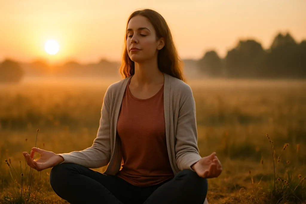Jovem sentada em posição de meditação ao nascer do sol em um campo aberto, com expressão serena e postura de atenção plena, representando transformação interior com mindfulness matinal.