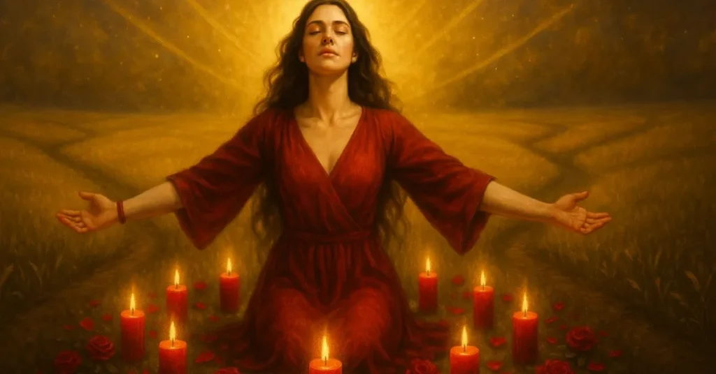 Mulher de vermelho com olhos fechados e braços abertos em campo iluminado, cercada por velas e rosas, simbolizando oração e conexão com Maria Padilha.