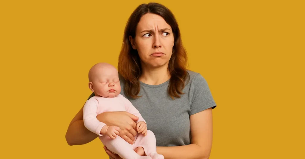 Mulher de expressão confusa segurando um bebê reborn nos braços, em frente a um fundo amarelo vibrante, simbolizando dúvidas e emoções espirituais despertadas pela conexão com o boneco.