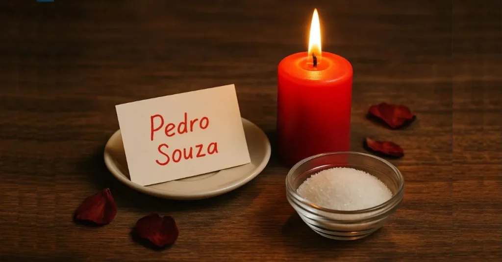 impatia com vela vermelha, nome em papel, açúcar e pétalas sobre mesa de madeira — ritual espiritual para atrair de volta a pessoa amada.