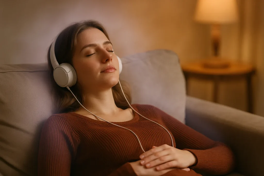 Mulher deitada em sofá, com fones de ouvido e olhos fechados, praticando meditação guiada em um ambiente suave e iluminado por luz quente.