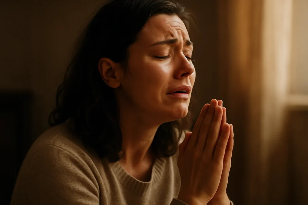 Mulher ajoelhada em oração, com expressão emocionada e luz suave iluminando seu rosto, simbolizando fé em meio à dor.