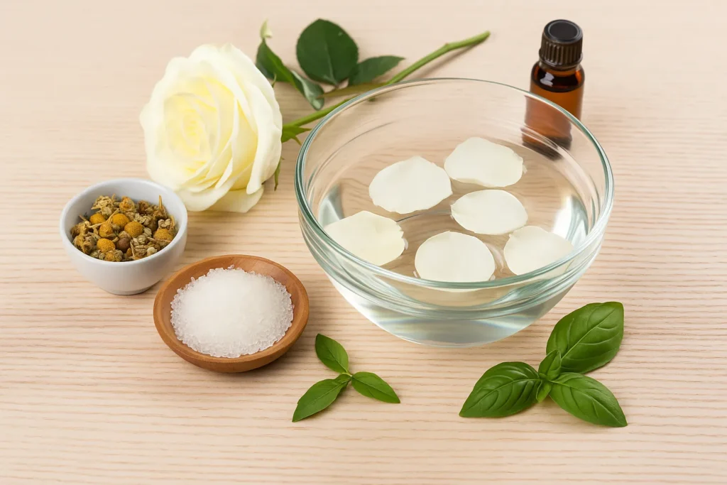 Ingredientes naturais dispostos para um banho espiritual de amor: pétalas de rosa branca, camomila, açúcar, manjericão e essência de lavanda ao lado de uma tigela com água.