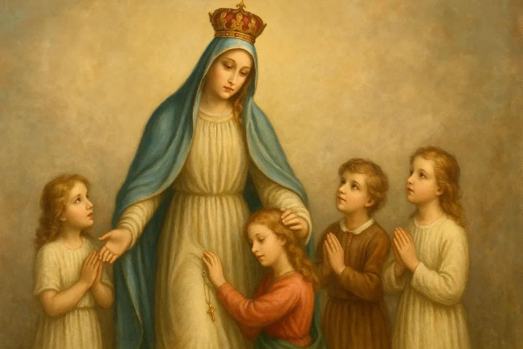 Pintura clássica de Nossa Senhora com coroa, cercada por quatro crianças em oração, simbolizando proteção maternal e fé.