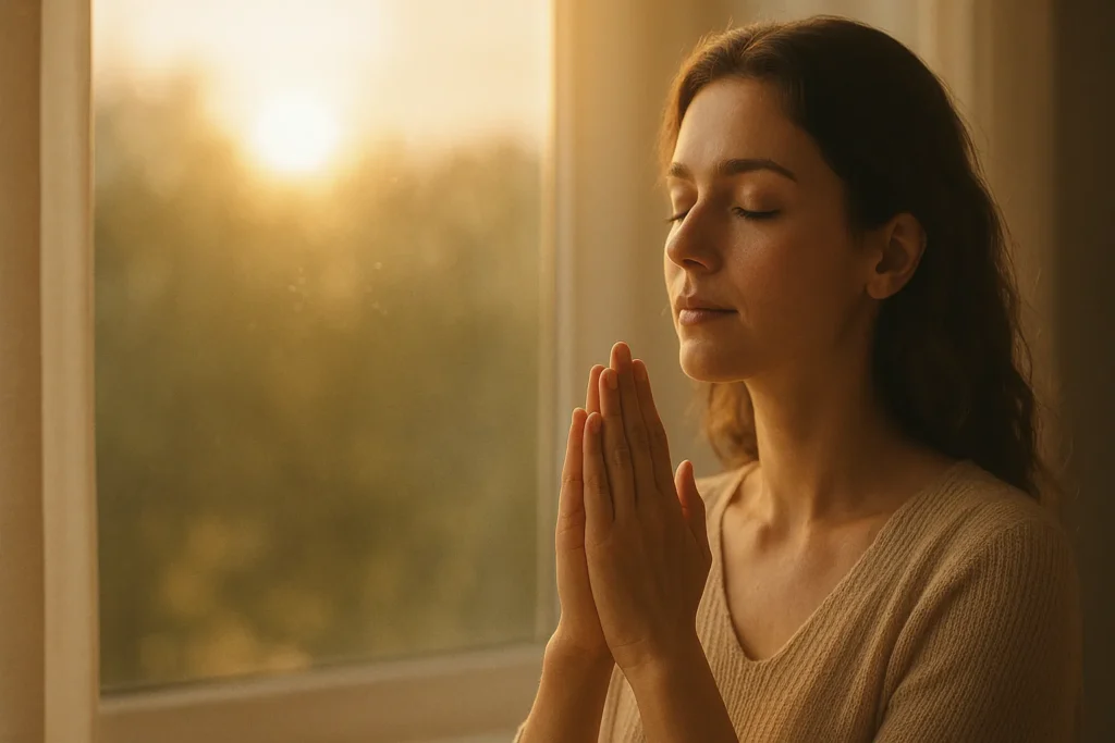 Jovem mulher com olhos fechados e mãos em prece, banhada pela luz suave do nascer do sol através da janela, em momento de oração espiritual matinal.