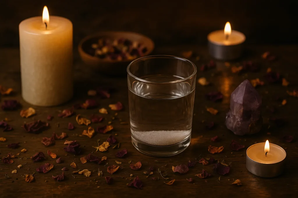 Copo com água e açúcar sobre mesa de madeira, rodeado por pétalas secas, velas acesas e cristal, representando um ritual de simpatia para adoçar o coração da pessoa amada à distância.