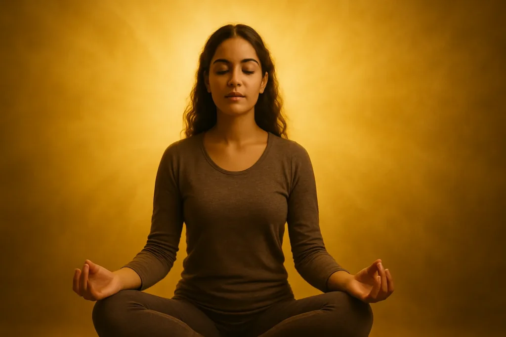 Mulher sentada em posição de lótus com olhos fechados, cercada por uma luz dourada suave, representando paz interior e conexão espiritual.