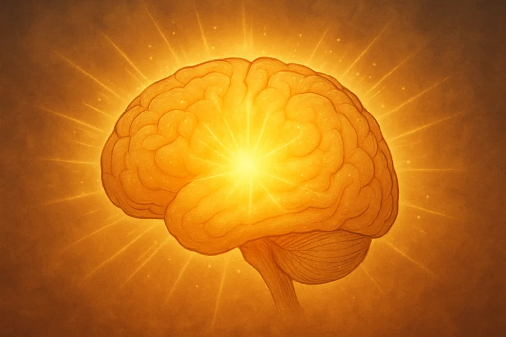 Ilustração artística de um cérebro iluminado por luz dourada, simbolizando os efeitos espirituais e neurológicos da meditação guiada.