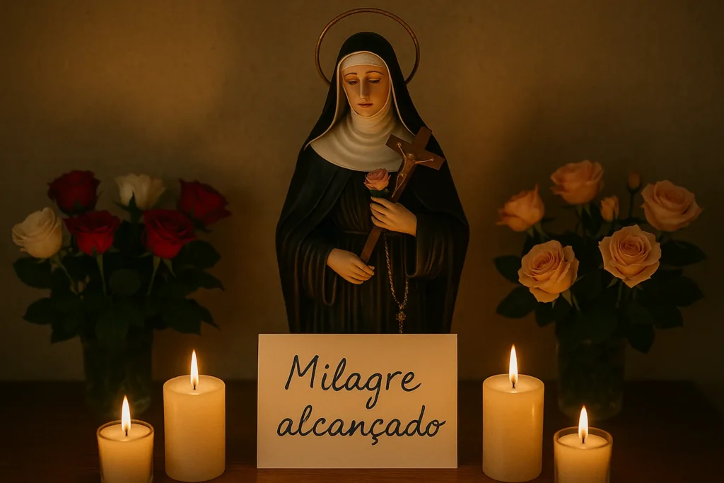 Altar devocional com imagem de Santa Rita de Cássia, rodeada por velas acesas, flores e um bilhete escrito “Milagre alcançado