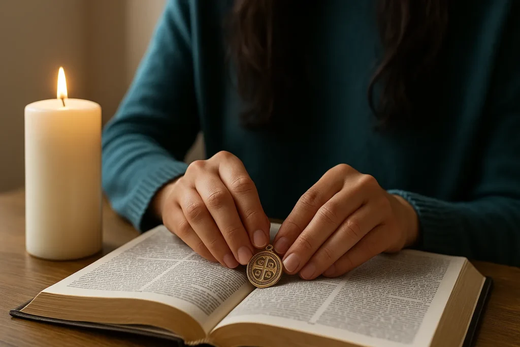 Pessoa em casa com vela branca acesa, tocando a medalha de São Bento sobre uma Bíblia aberta durante um momento de oração e conexão espiritual